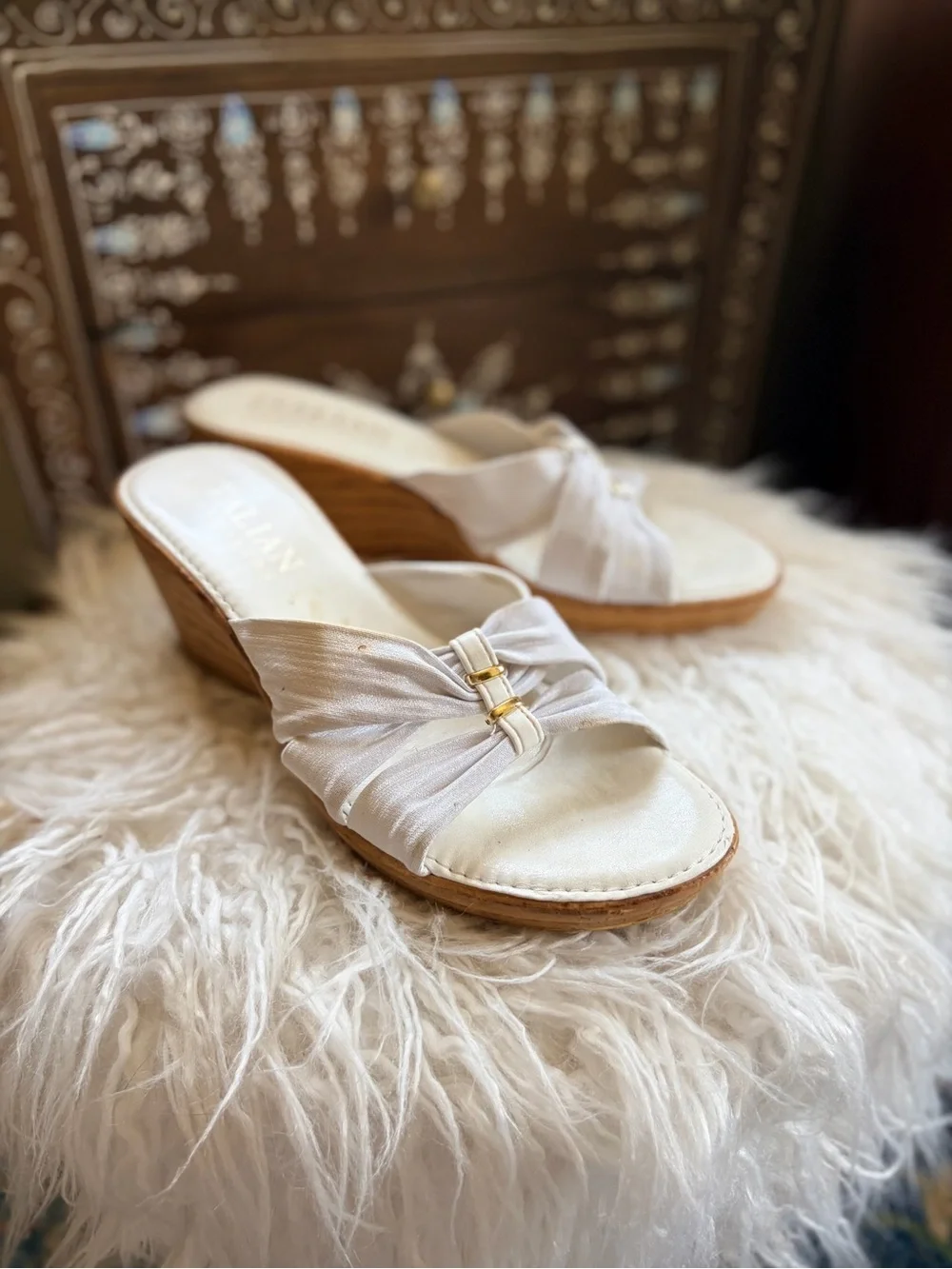 Italian Shoemakers Cream Wedge Slide Sandals with Gold Accent